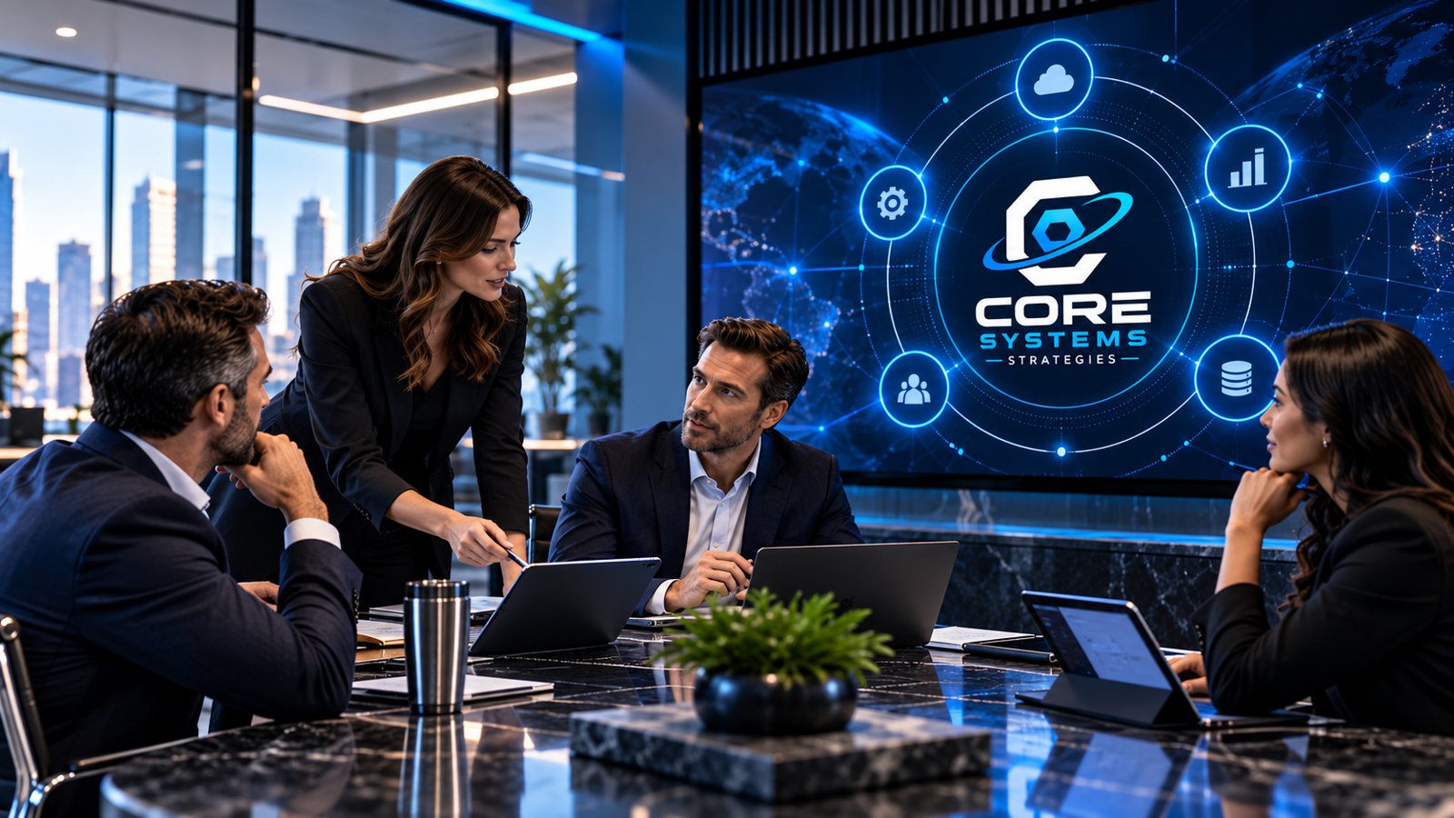 Team reviewing a connected-systems dashboard on the boardroom screen